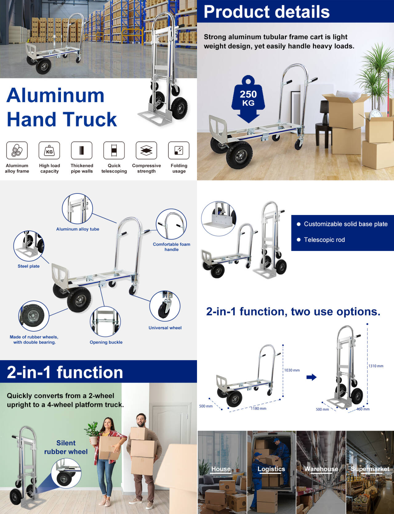 Uni-Silent 2 in 1 Industrial Hand Truck Folding Convertible Luggage Hand Cart Heavy Duty Warehouse Trolley Pneumatic Wheel FHT250A